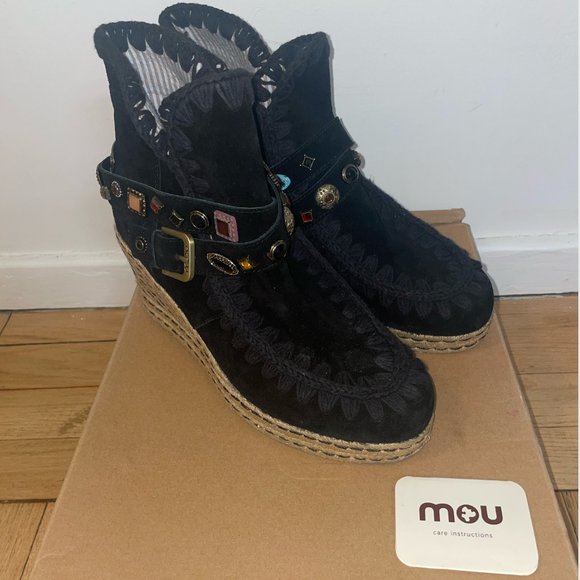 NEW MOU JEWELED ESPADRILLE BLACK SUEDE BOOTS BOOTS - Picture 1 of 6